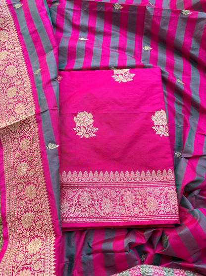 Pink katan by katan silk kadhwa suit set with stripe katan dupatta
