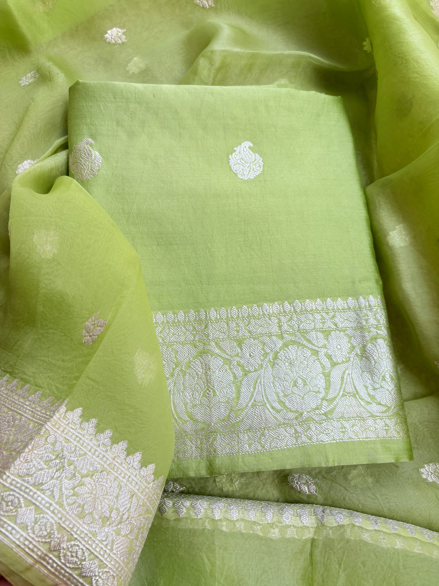 Lime green Chiniya kora silver zari suit set
