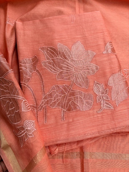 Peach appliqué work mul Chanderi suit set