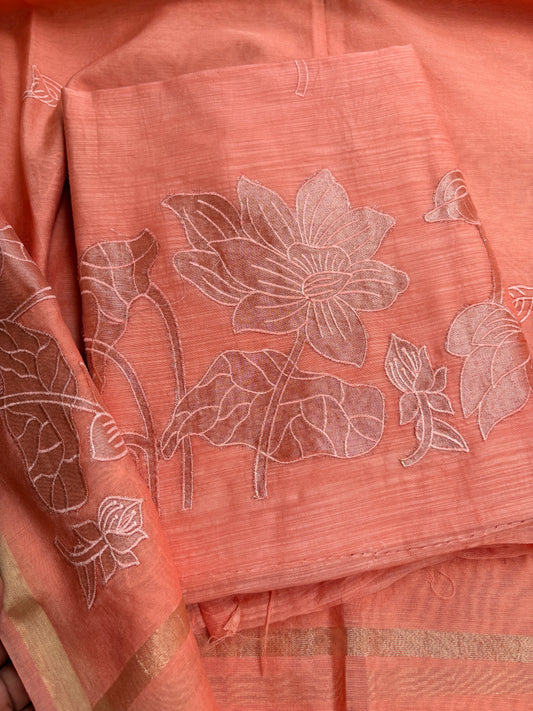 Peach appliqué work mul Chanderi suit set
