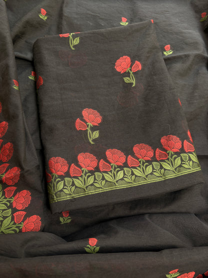 Black Chanderi flower weaving suit set