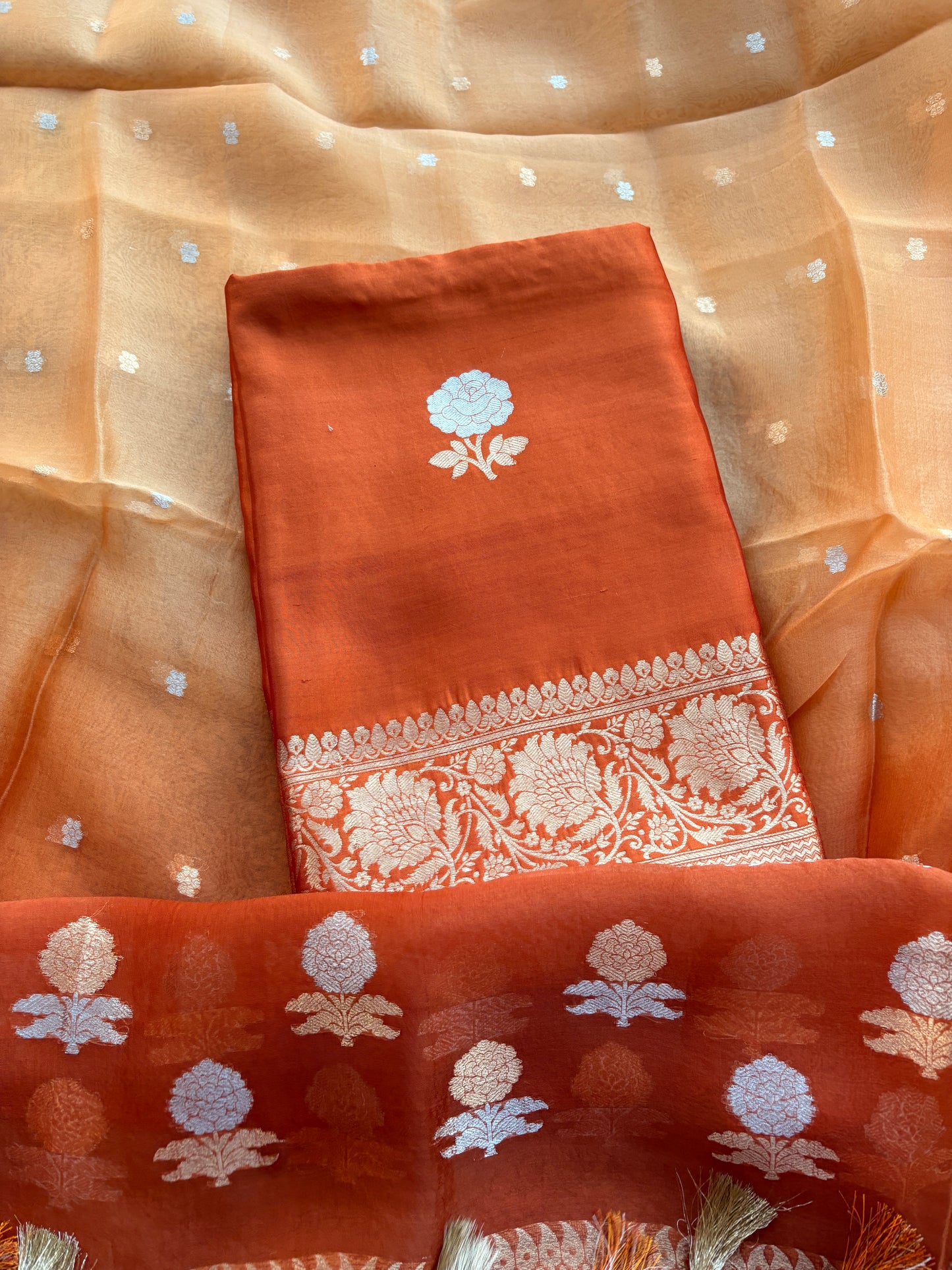 Orange Chiniya silk kurta , bottom and shaded dupatta