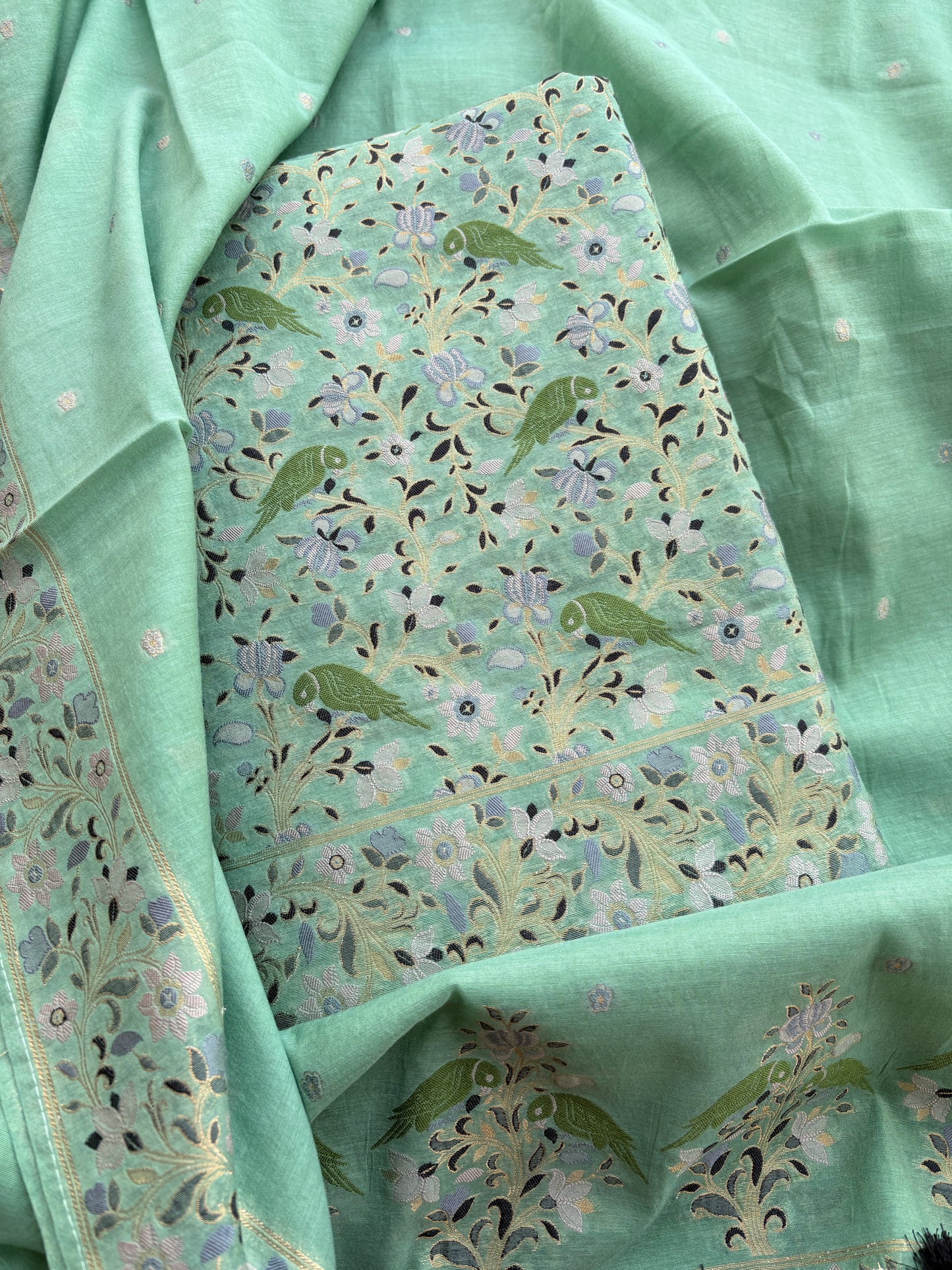 Green Chanderi bird weaving suit set