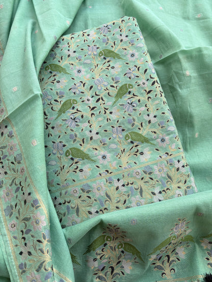 Green Chanderi bird weaving suit set