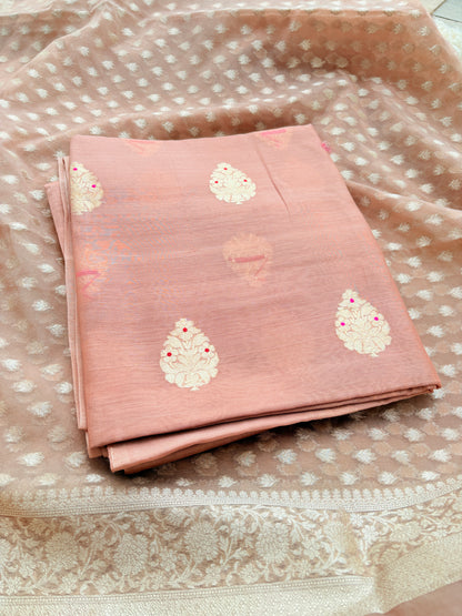 Peach handloom silk suit set with cutwork Kora dupatta