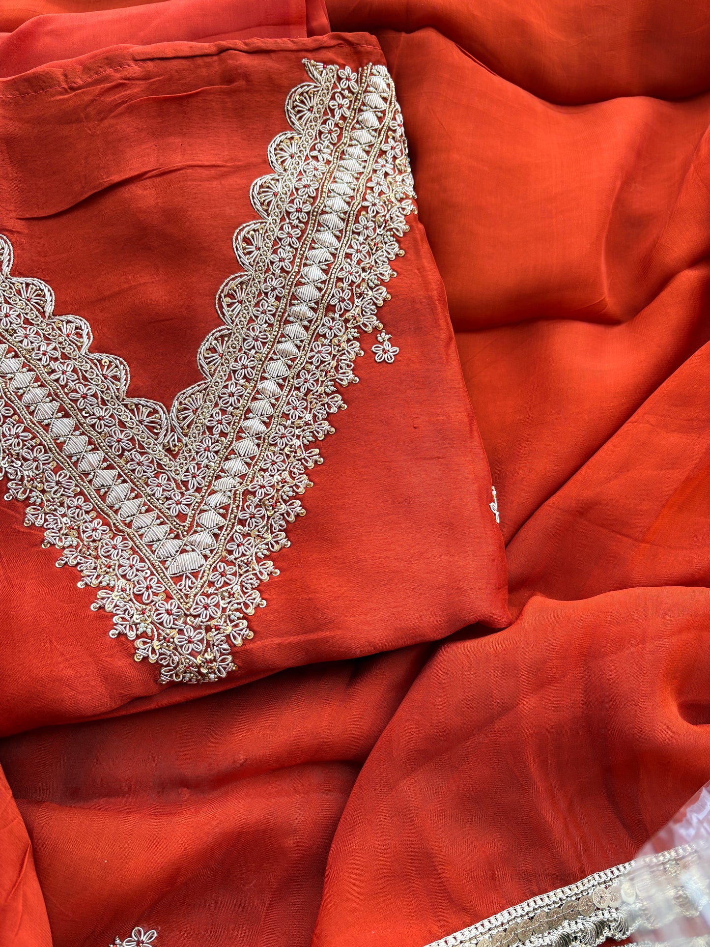 Rust crepe hand embroidery suit set