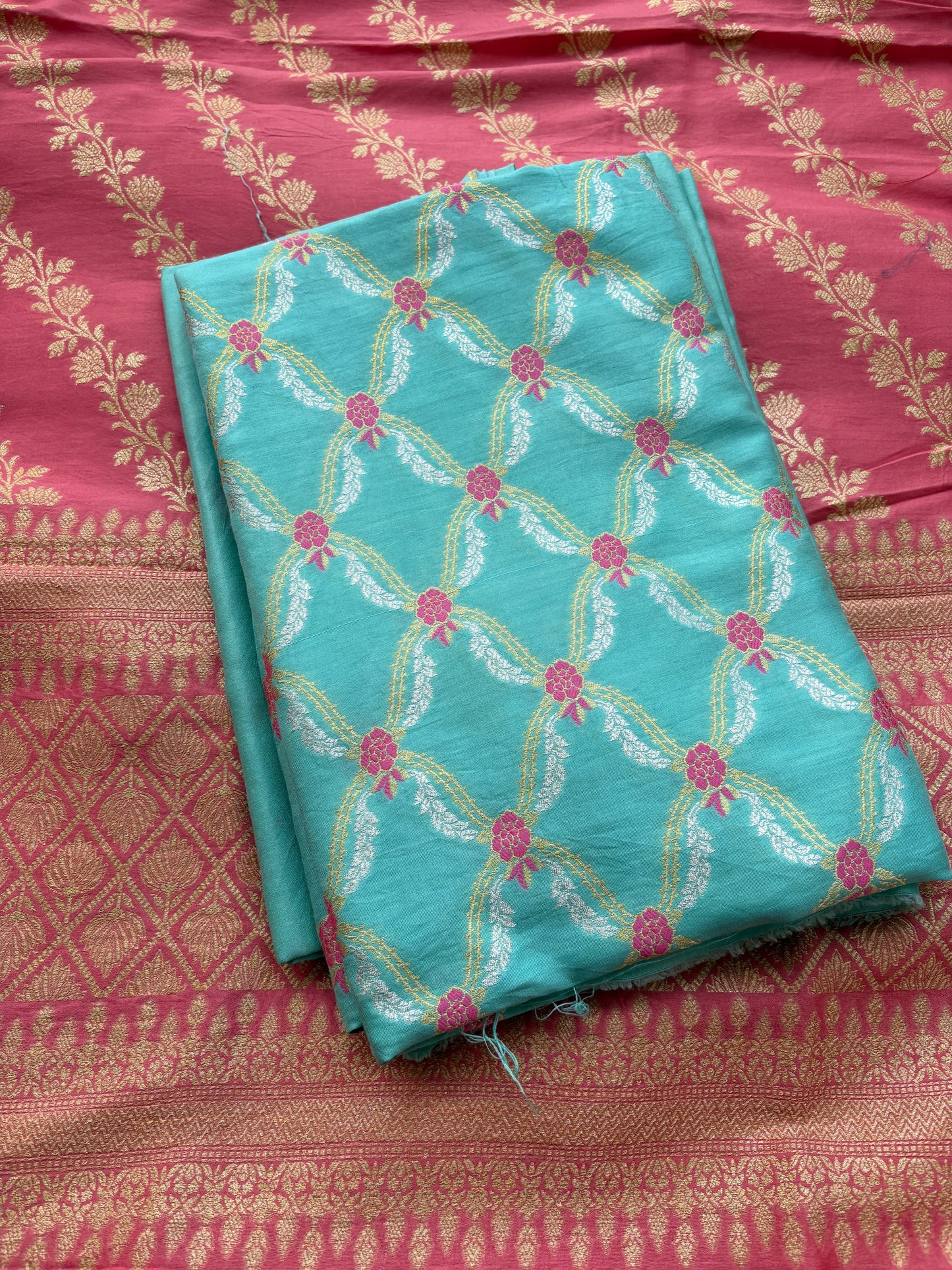 Blue and peach Chiniya silk suit set