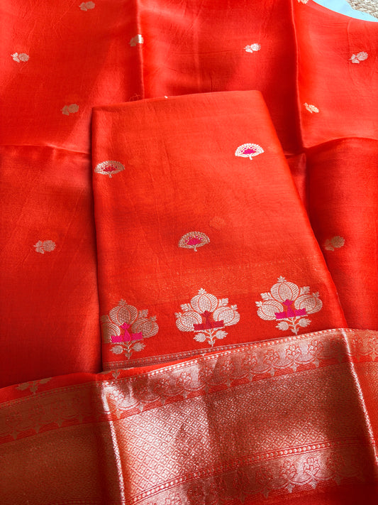 Orange kora kadhwa silk 3 piece suit set