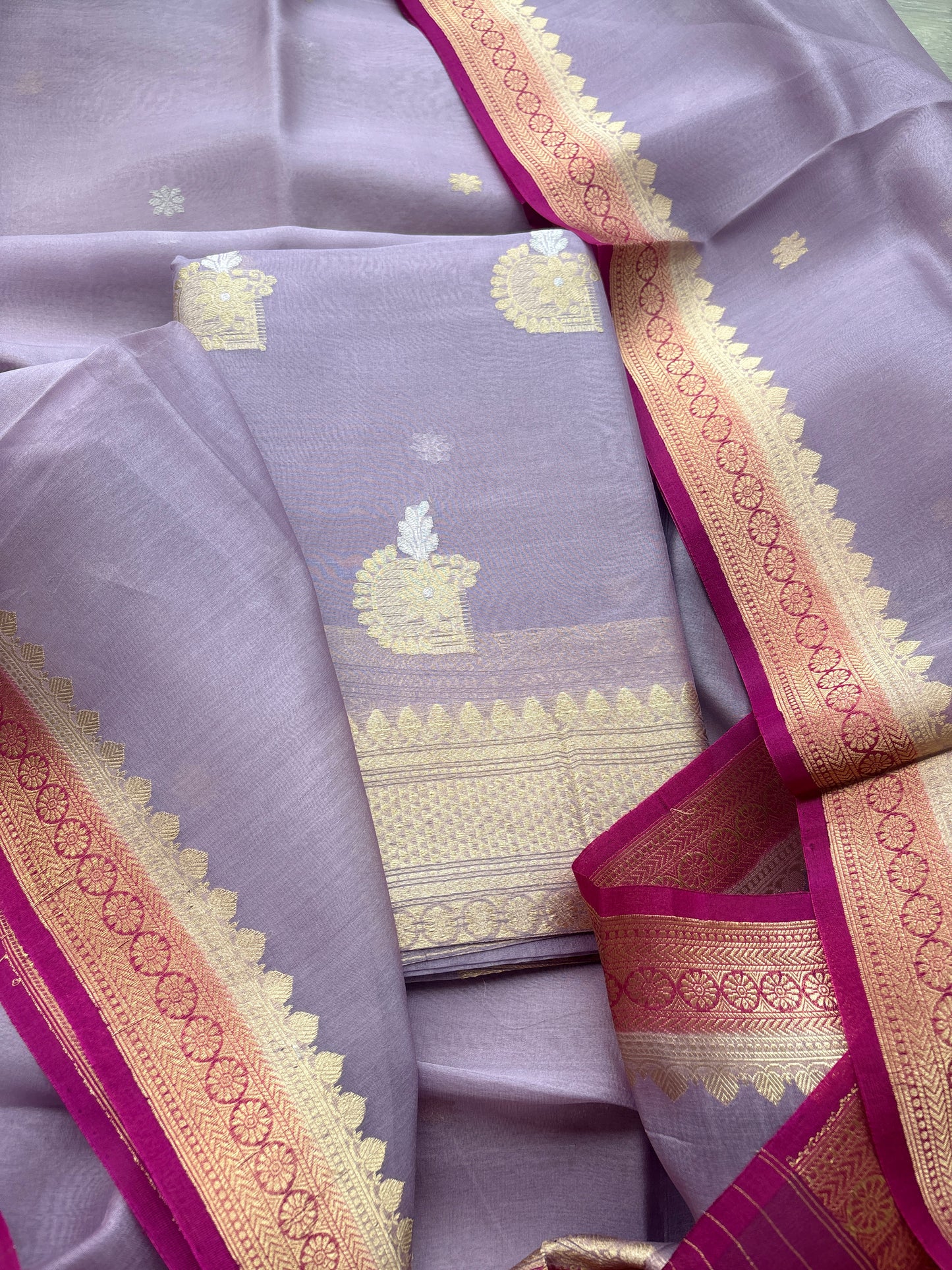 Lavender kora suit with shaded dupatta