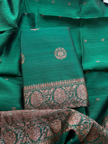 Green raw silk kadhwa suit set, raw silk dupatta