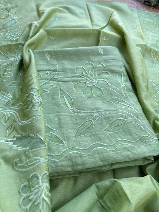 Green appliqué mul Chanderi suit set