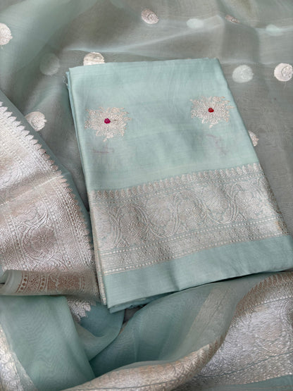 Blue Chiniya kora silver zari 3 piece suit set