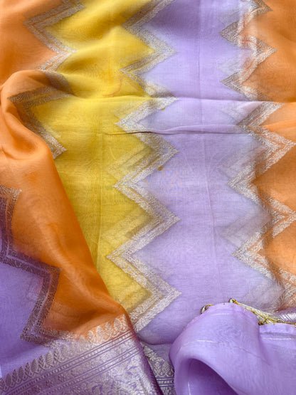Lavender Kora silk suit with shaded kora dupatta