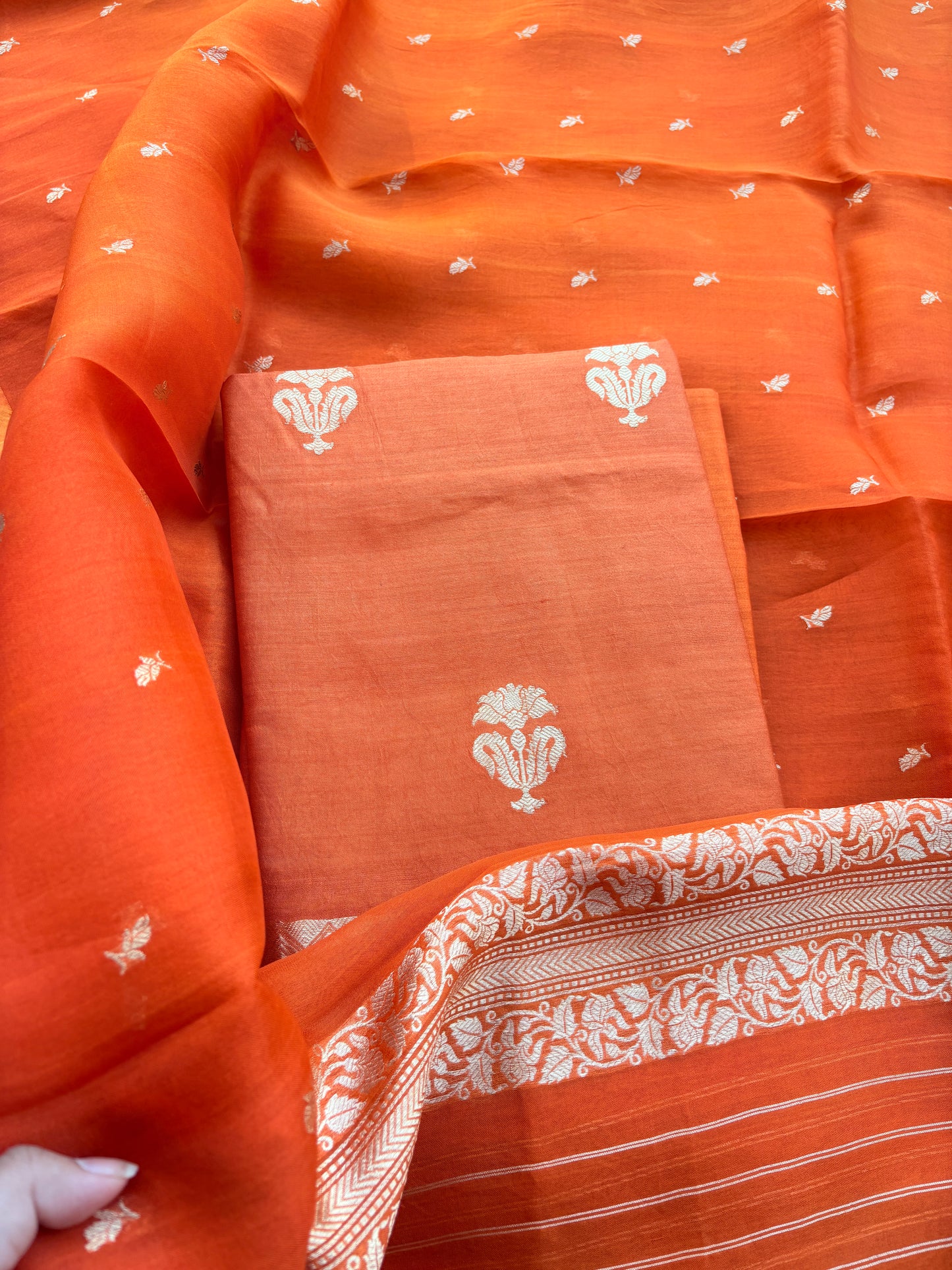 Rust moonga silk suit with kora kadhwa dupatta