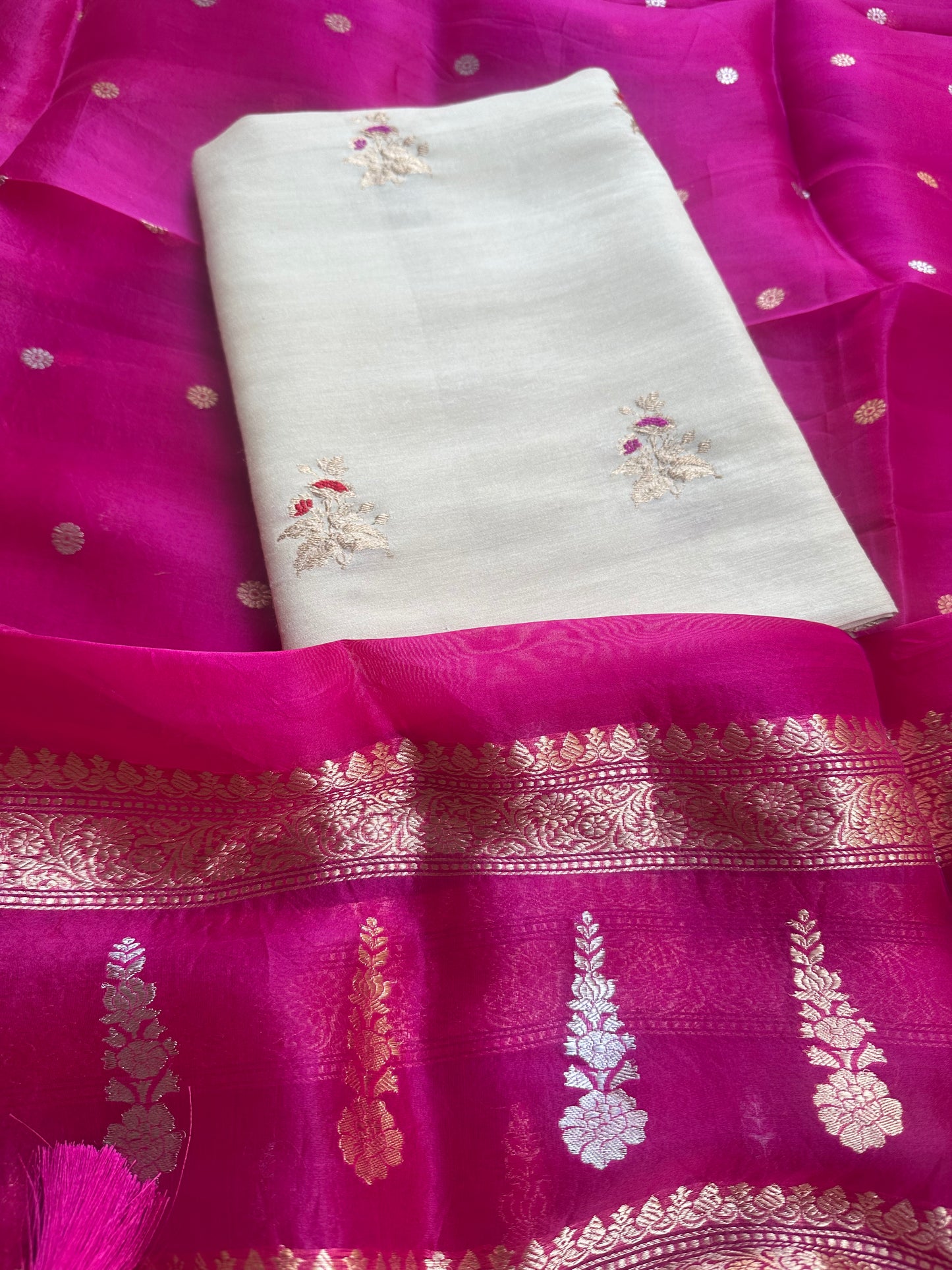 Cream moonga silk kurta, bottom and kora silk dupatta