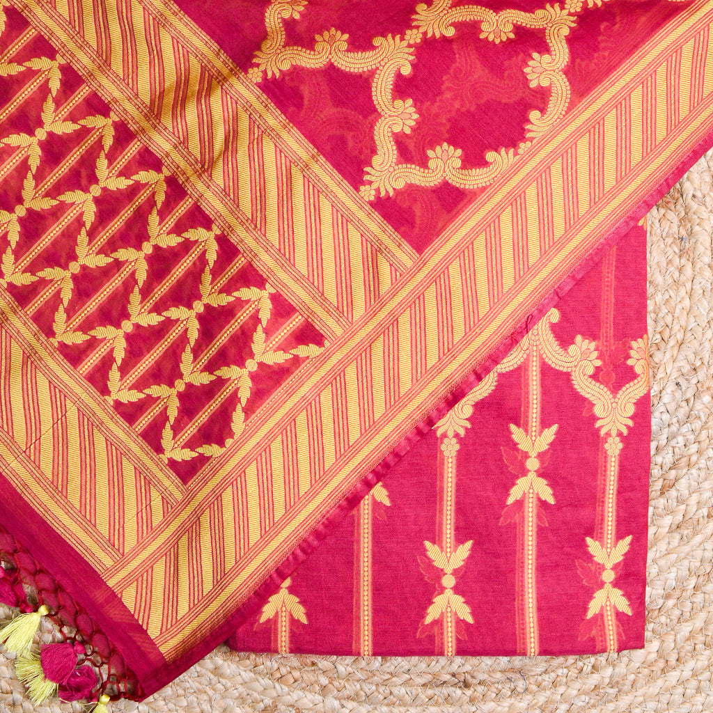 Red Resham weaving Chanderi  suit set