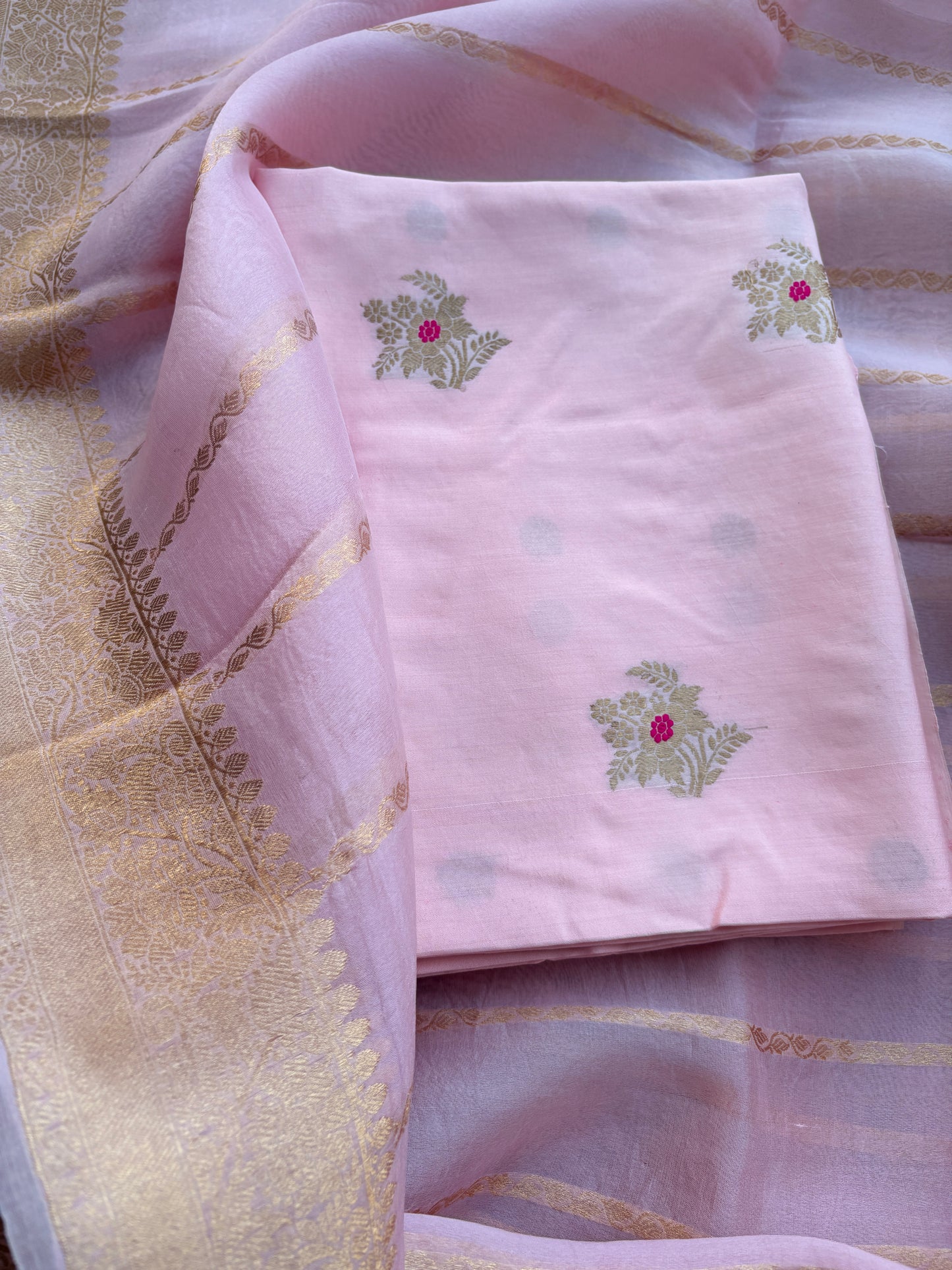 Pink Chiniya silk suit set with kora silk dupatta