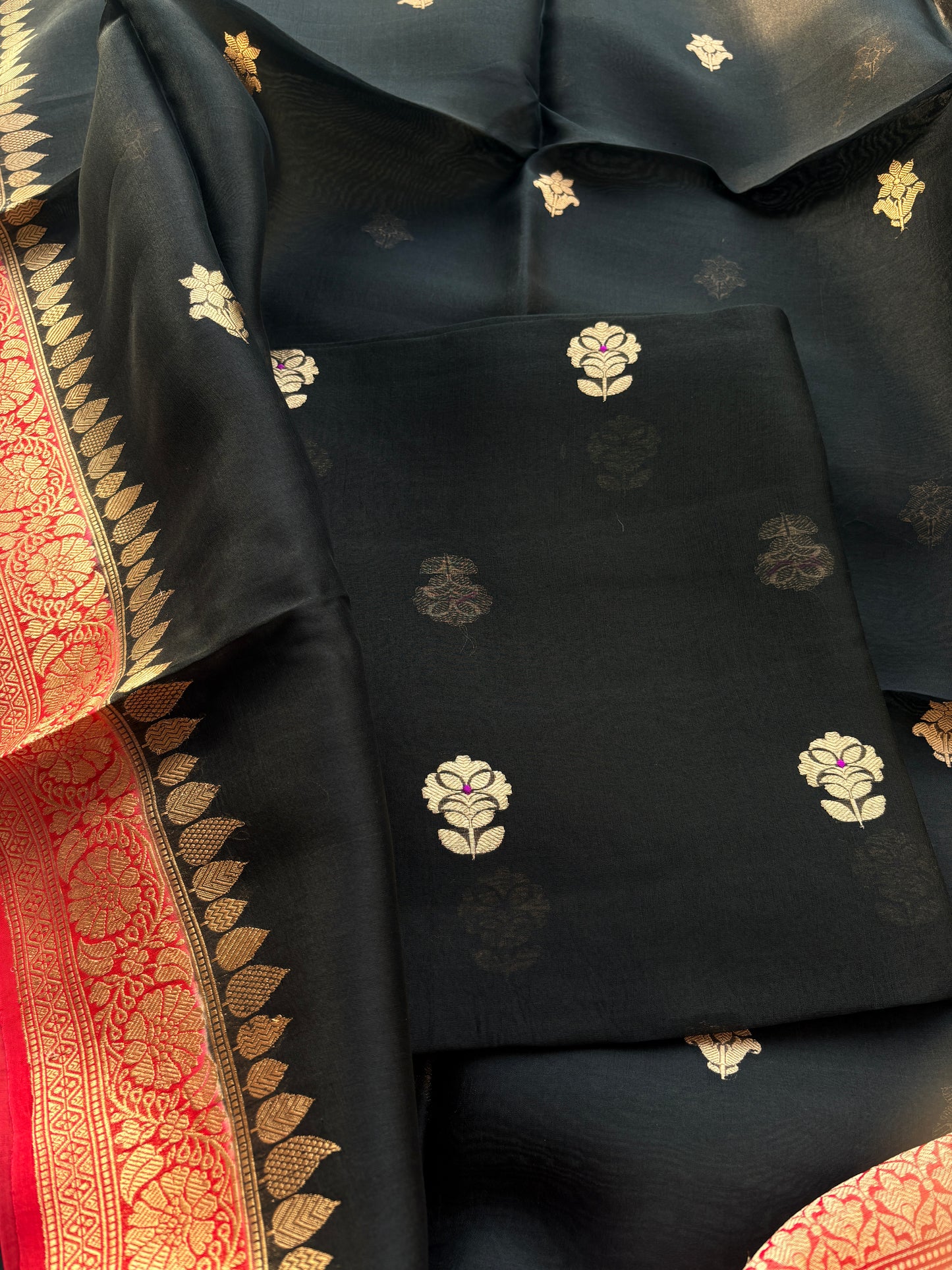 Black Kora silk with red shaded dupatta