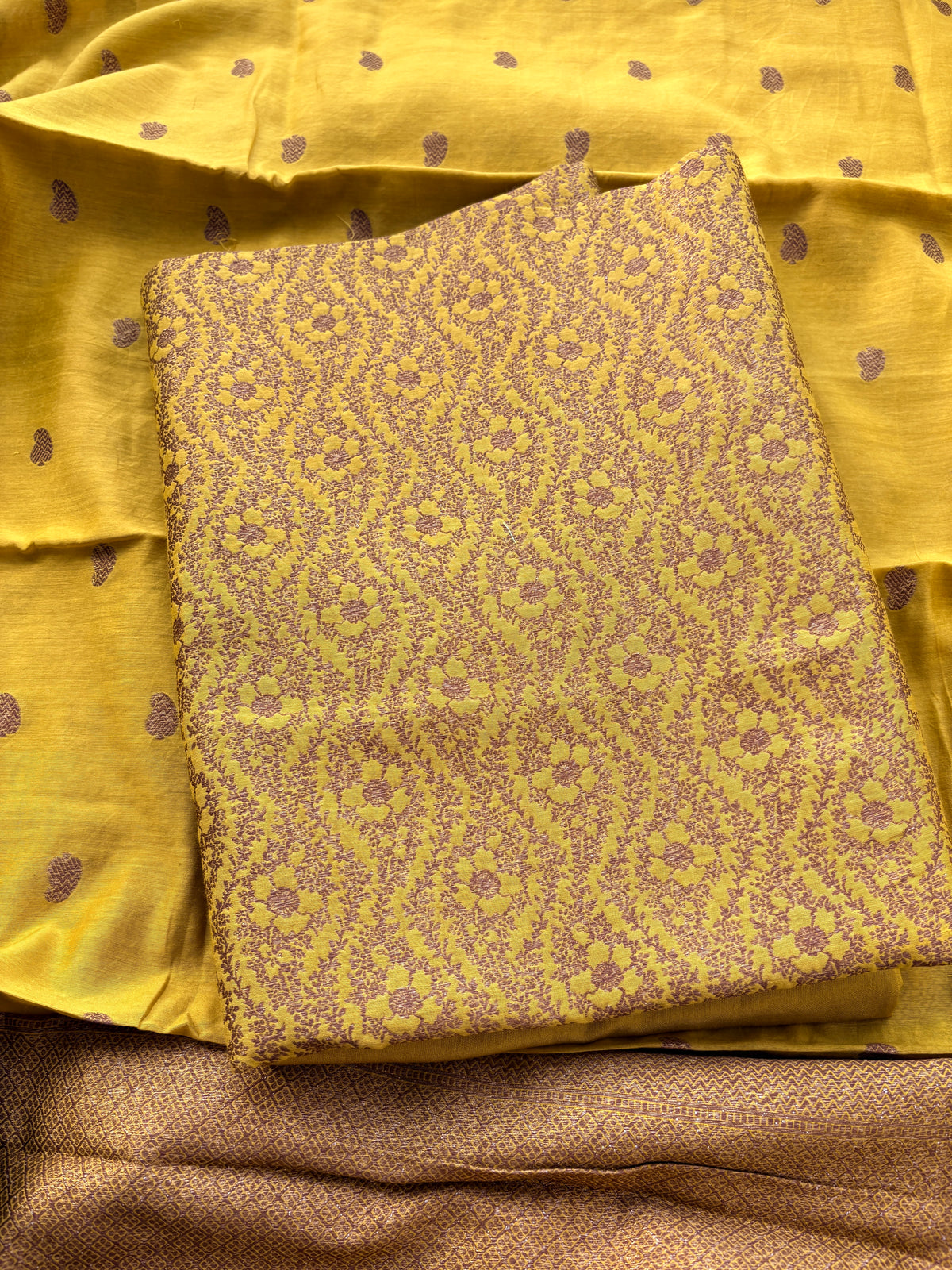Yellow brocade cotton silk suit set