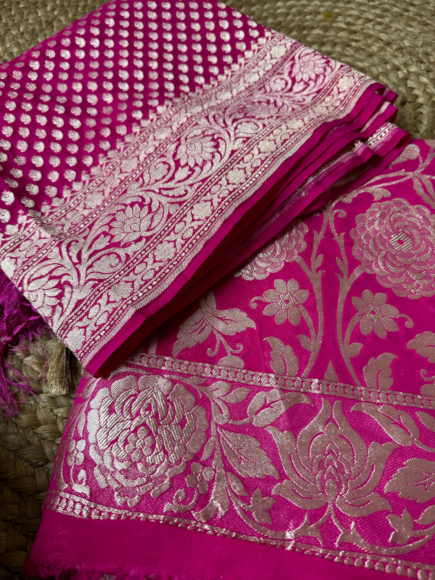 Hot pink khaddi georgette 2 pieces set, heavy zari work.