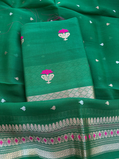 Green kora kadhwa silk suit  set