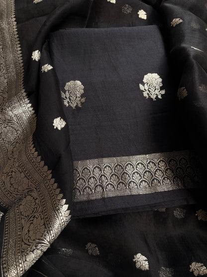 Black silver zari Chiniya silk suit set