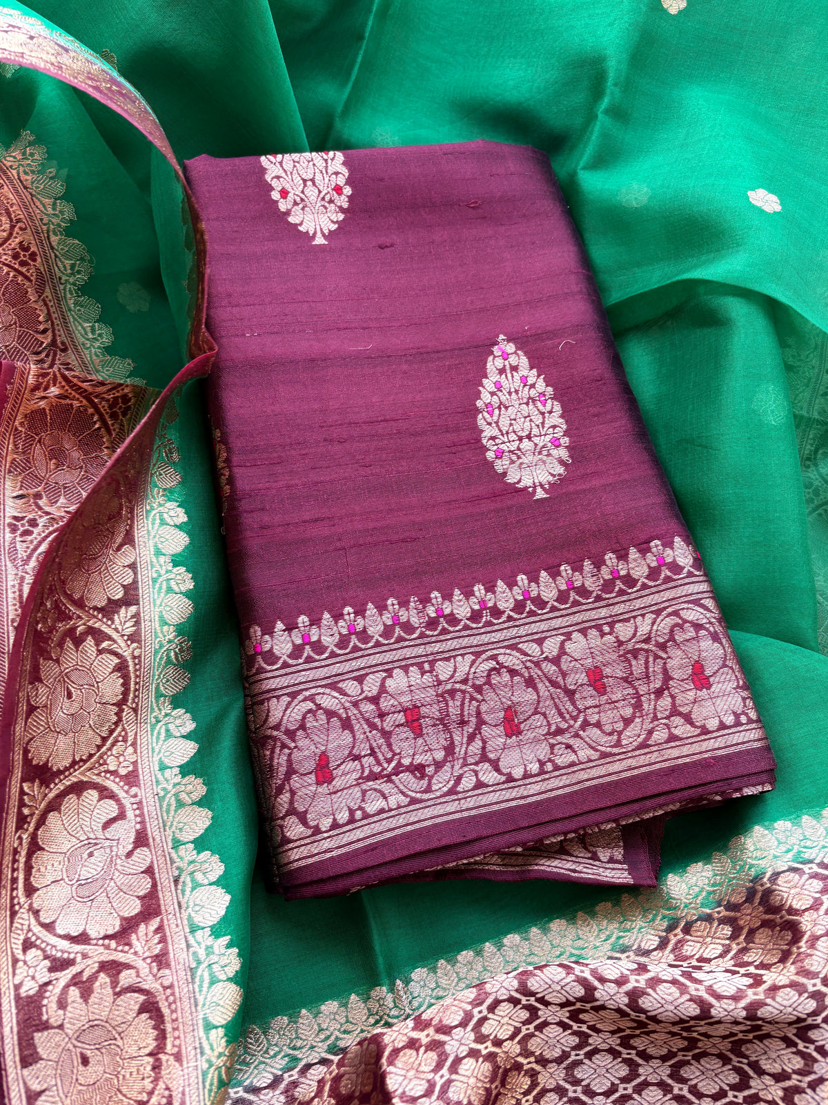 Wine kurta with green kora silk dupatta
