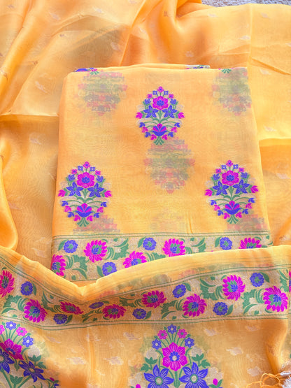 Yellow kora silk meenadar suit set