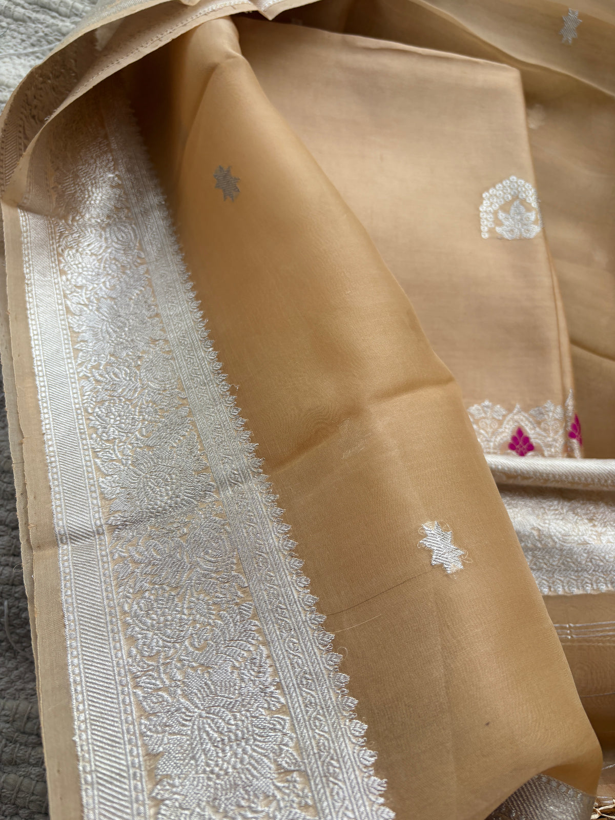 Beige Chiniya silk suit set with kora silk silver zari dupatta