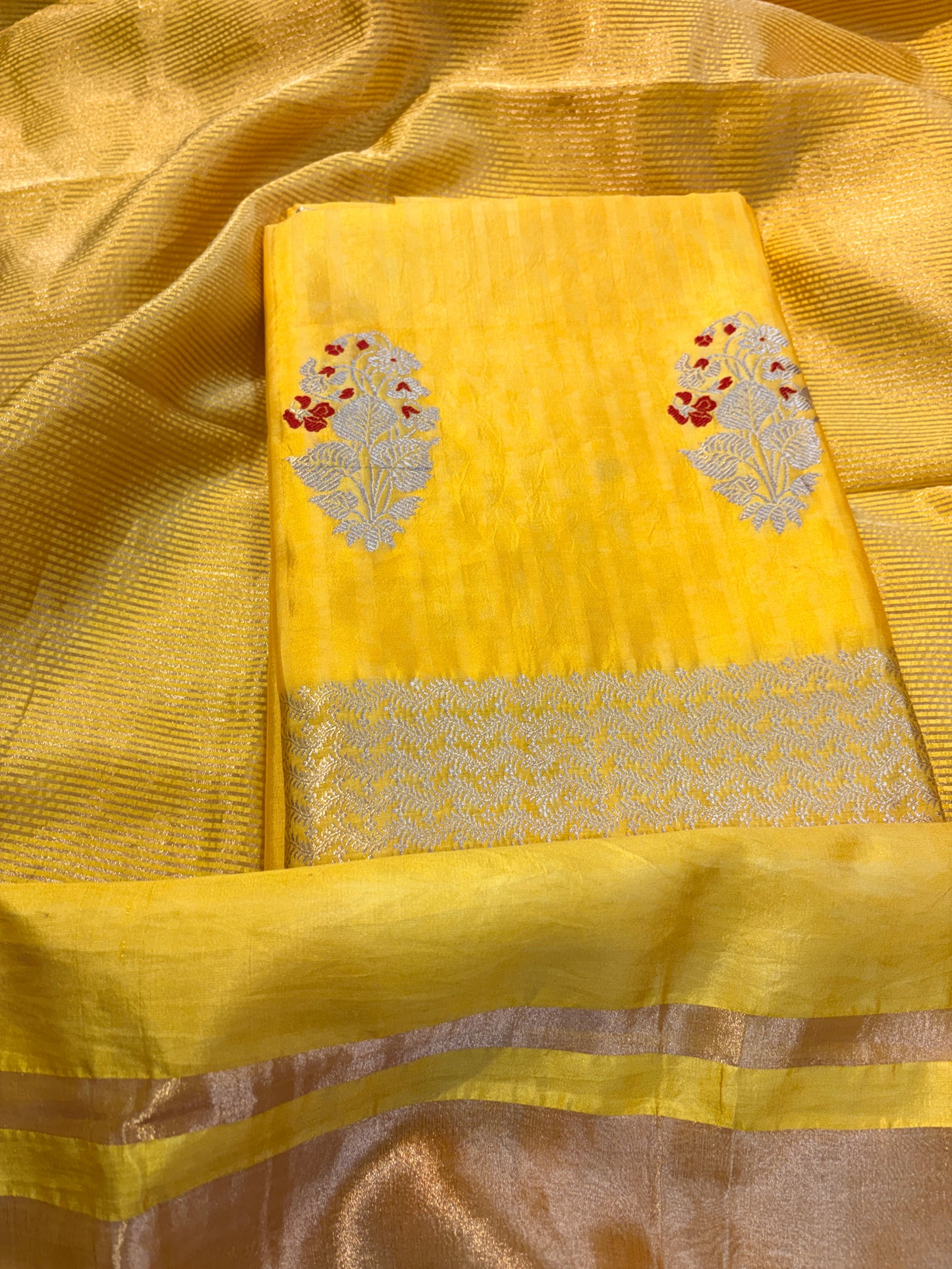 Yellow Chiniya silk kurta , bottom and tissue dupatta