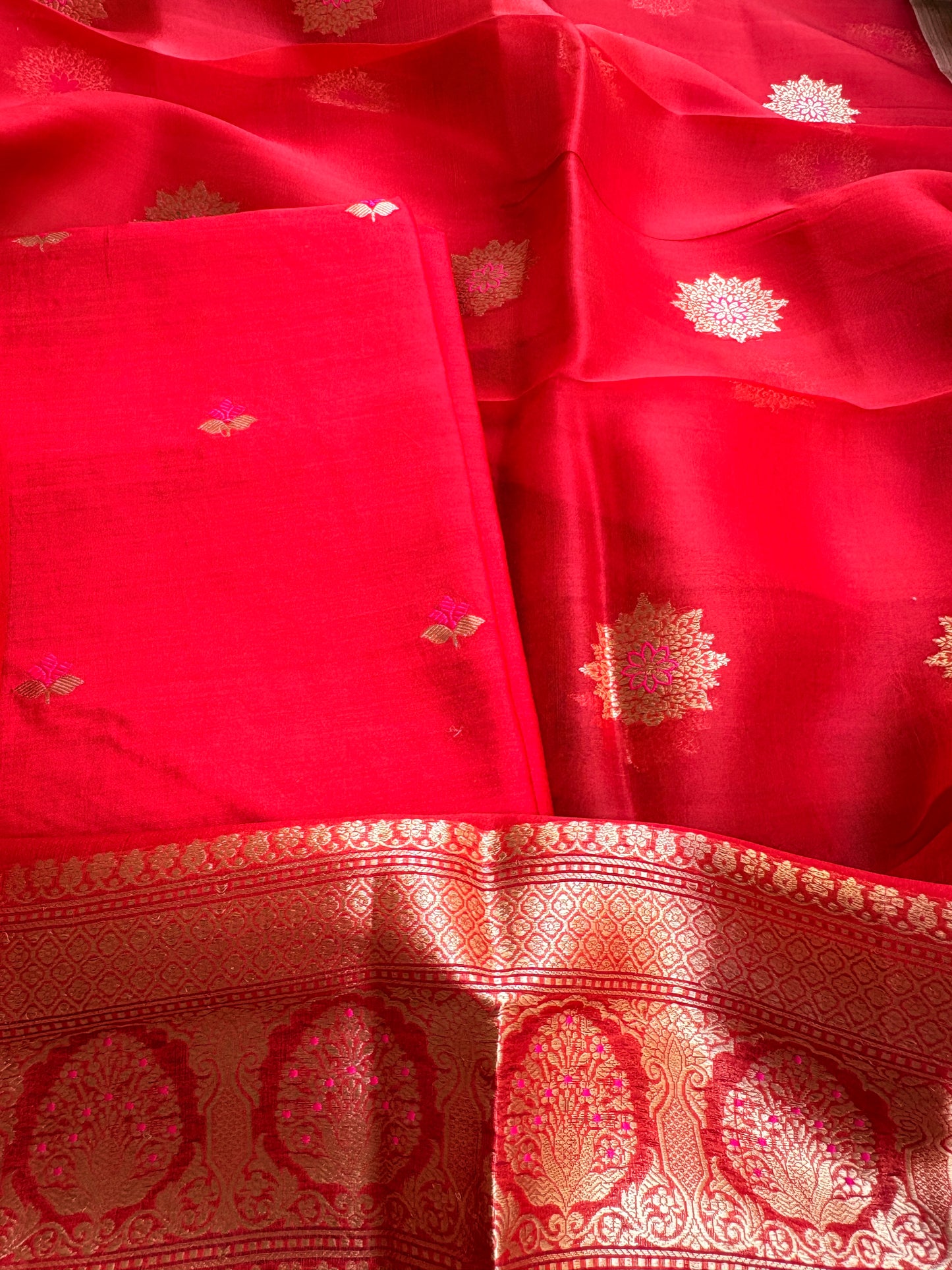Red Chiniya silk kurta , bottom and kora kadhwa dupatta