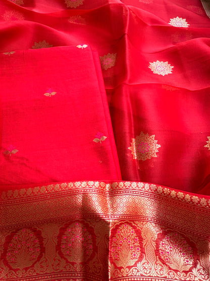 Red Chiniya silk kurta , bottom and kora kadhwa dupatta