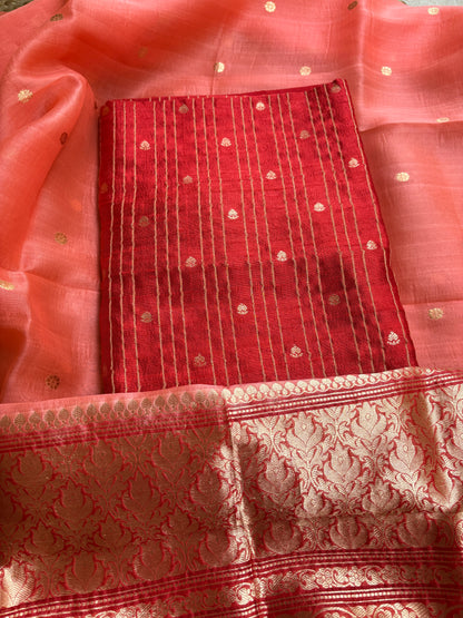 Red raw silk kurta, bottom and kora silk shaded dupatta
