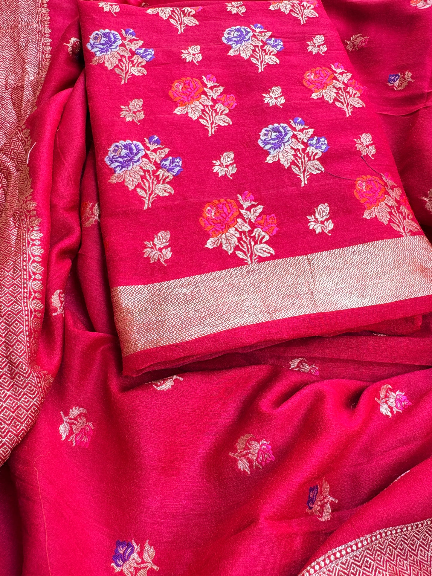 Red moonga silk meenadar flower weaving suit set