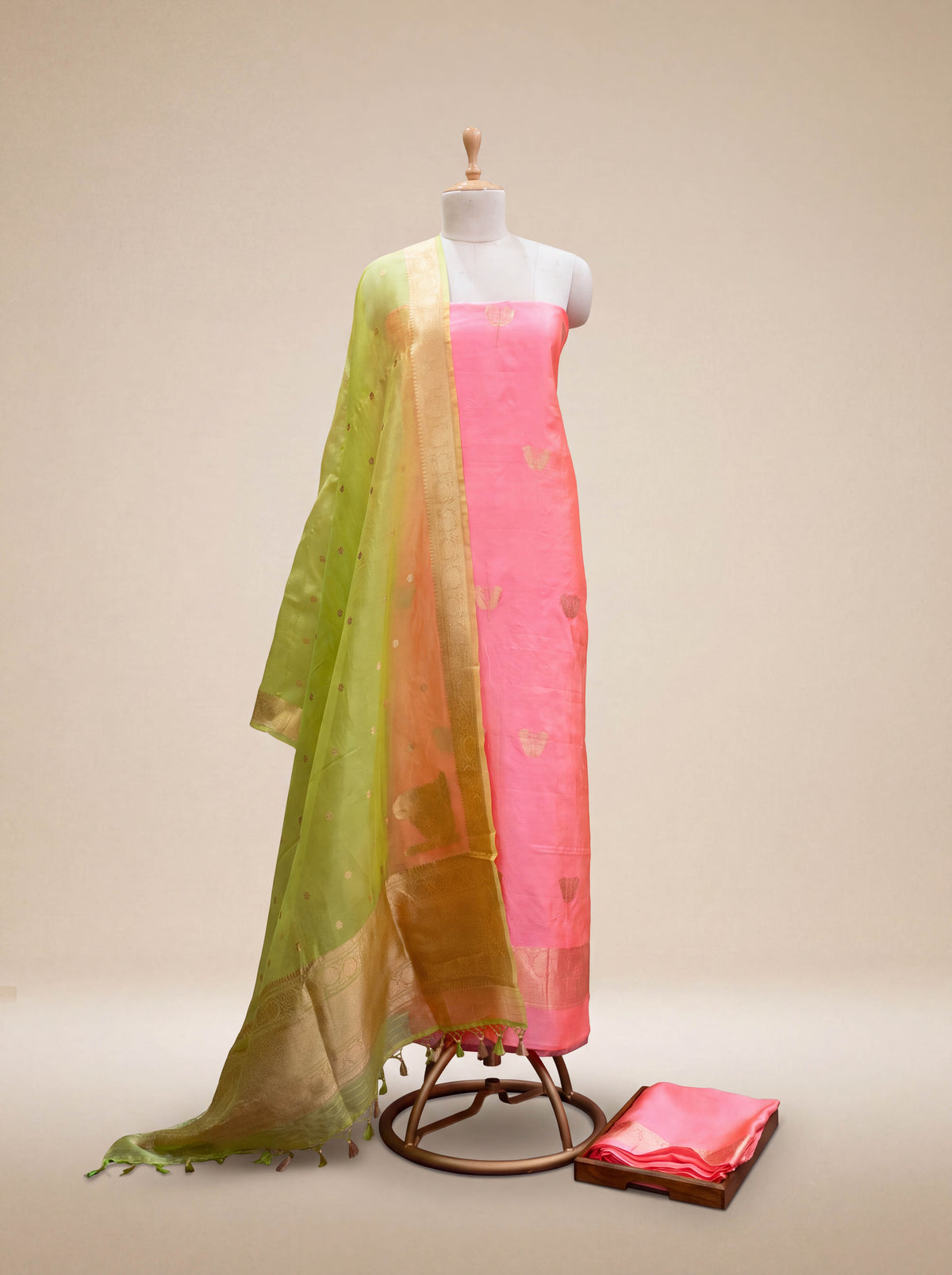 Peach and green mango silk suit set