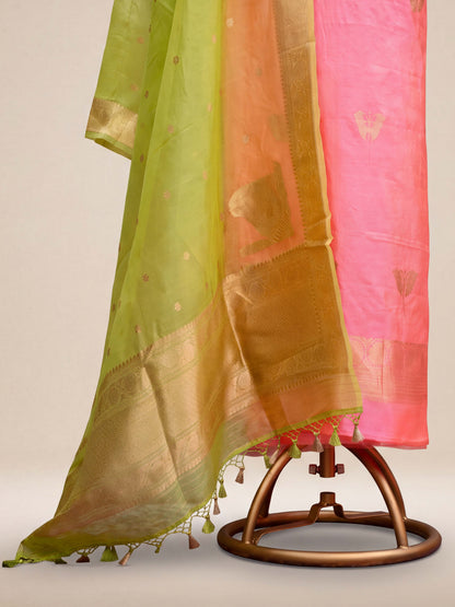 Peach and green mango silk suit set