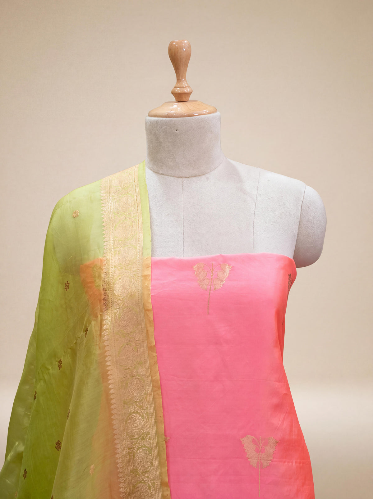 Peach and green mango silk suit set