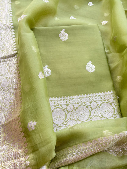 Green Chiniya silk pure silver zari suit set