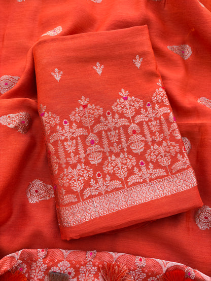 Orange moonga silk suit set kadhwa weave