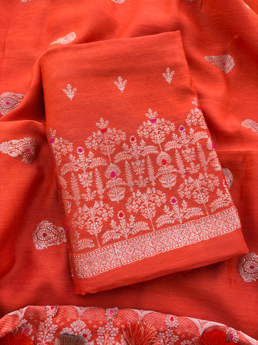 Orange moonga silk suit set kadhwa weave