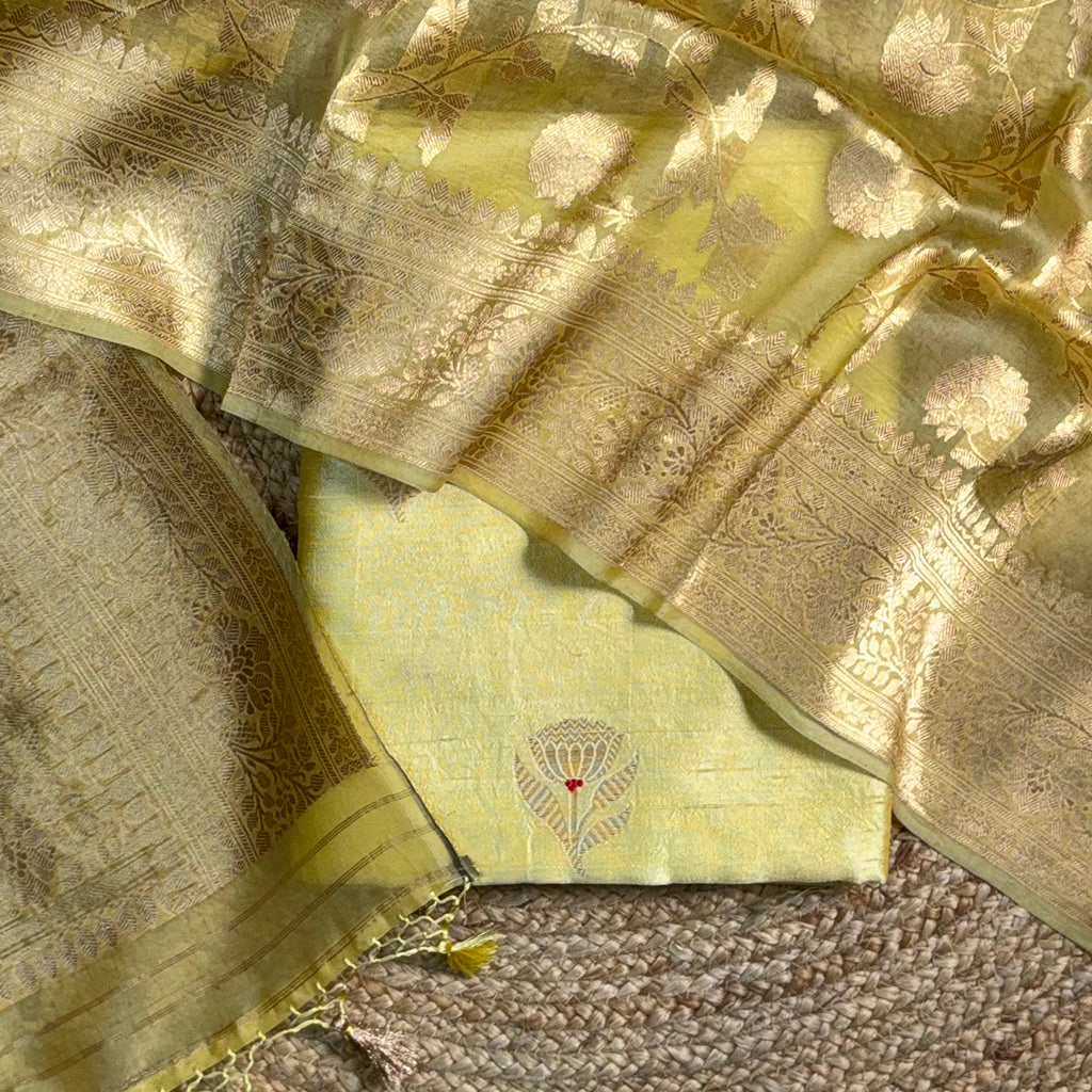 Lime yellow raw silk suit with jaal kora silk dupatta