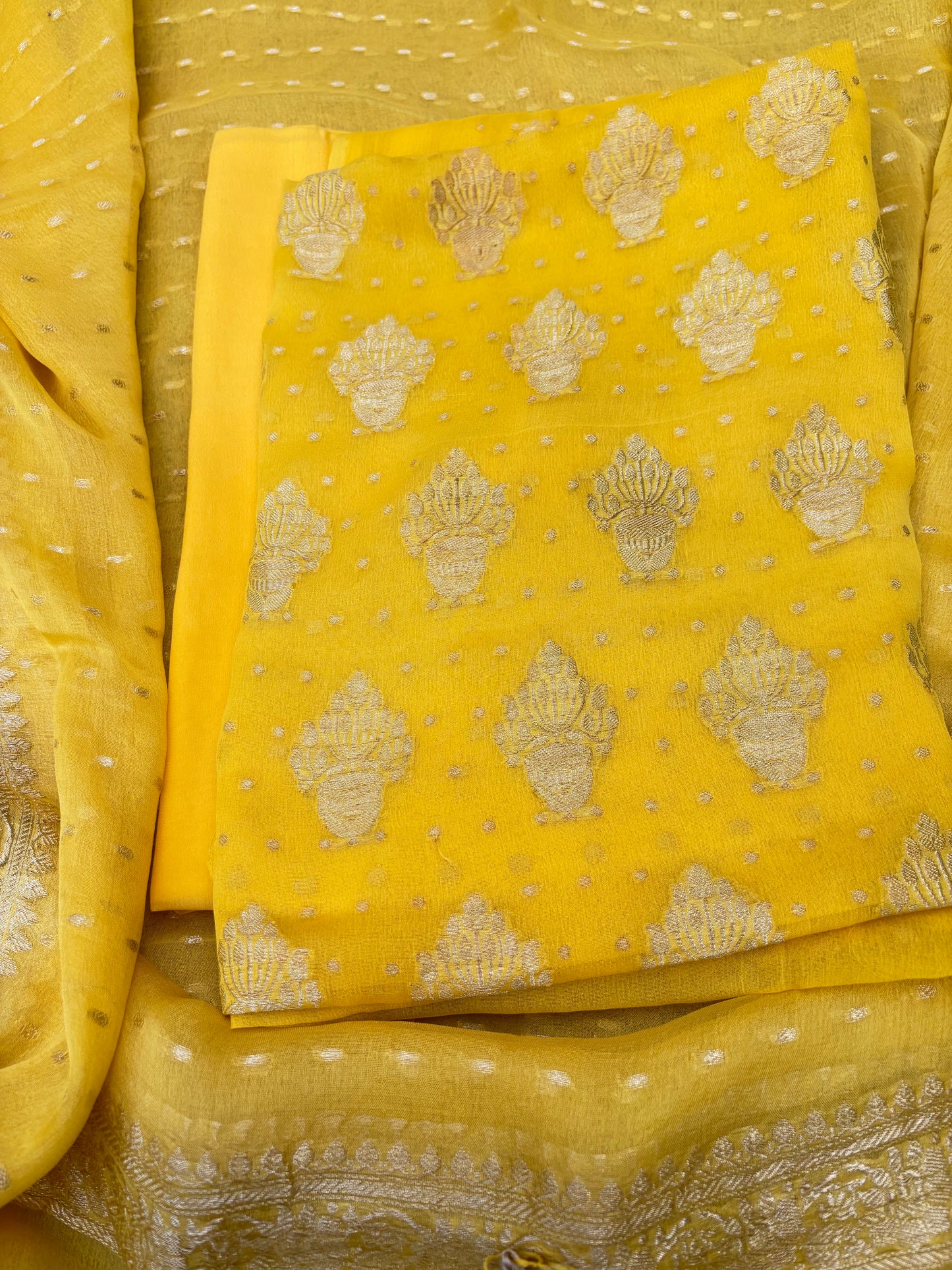 Yellow Khaddi chiffon kadhwa 3 piece suit set