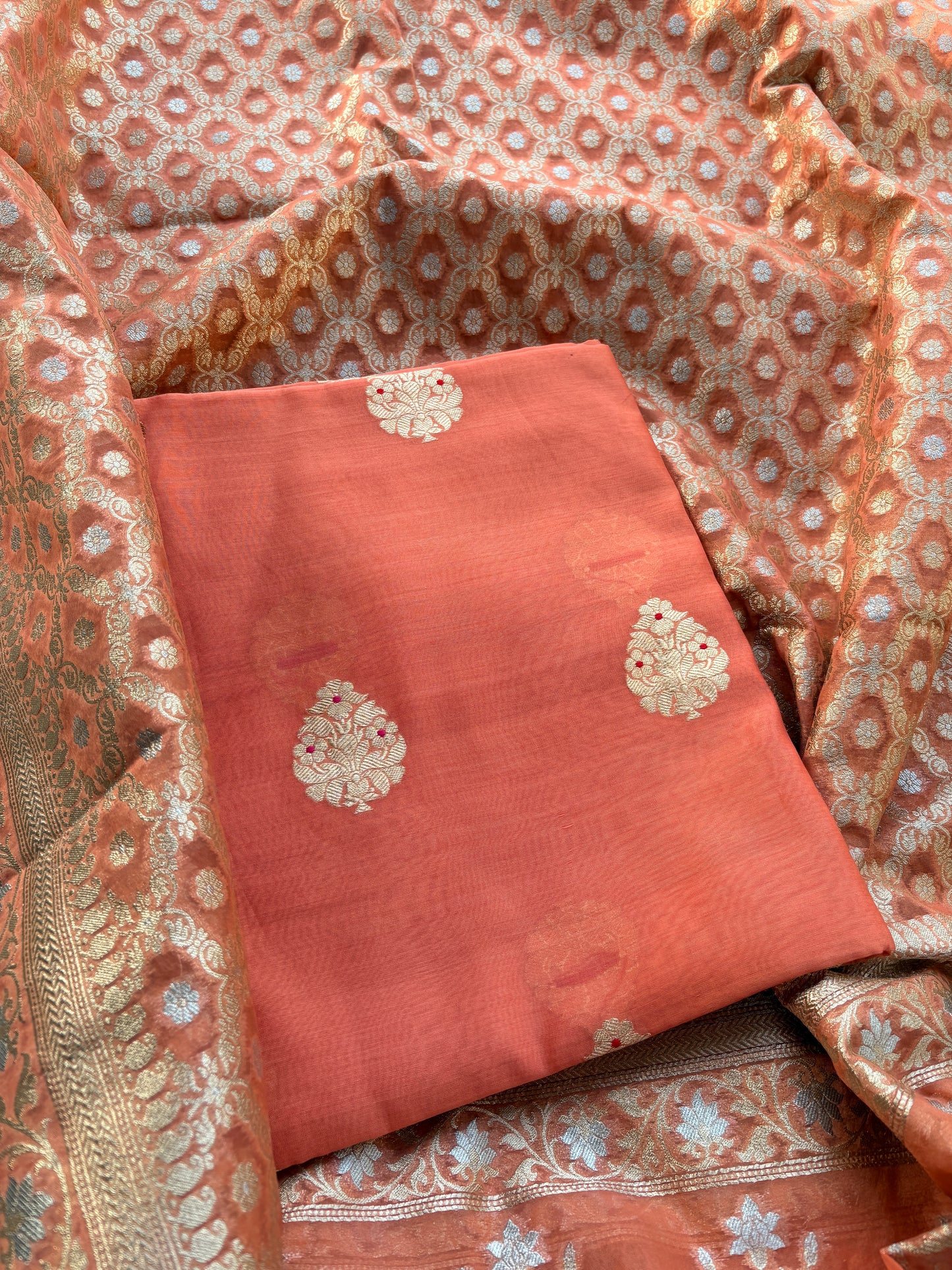 Rust handloom silk kurta and cutwork kora dupatta