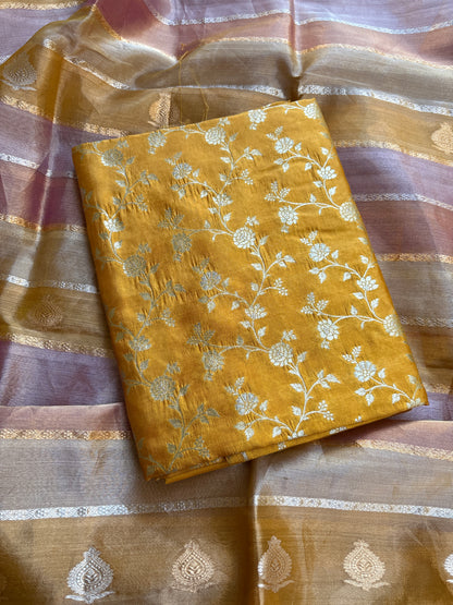 Yellow Chiniya silk kurta bottom and kora tissue dupatta
