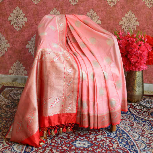 Pink chaap dye mashru  silk saree