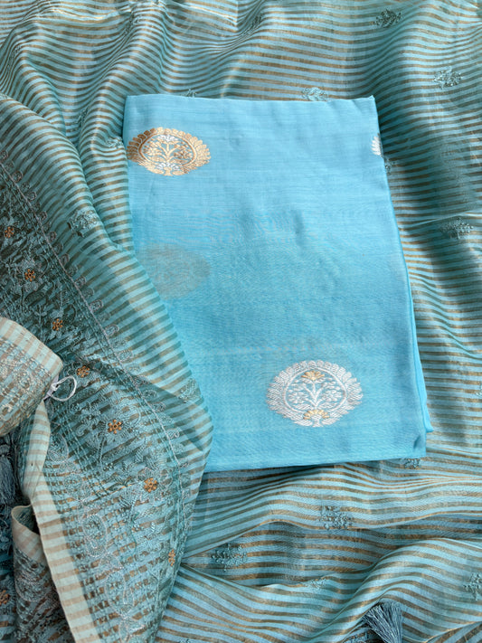 Blue handloom silk kurta, bottom tissue kadhwa dupatta.