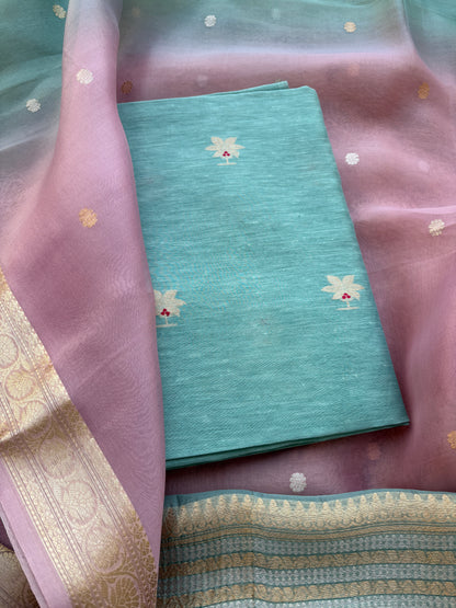 Blue linen silk kadhwa with kora silk shaded dupatta