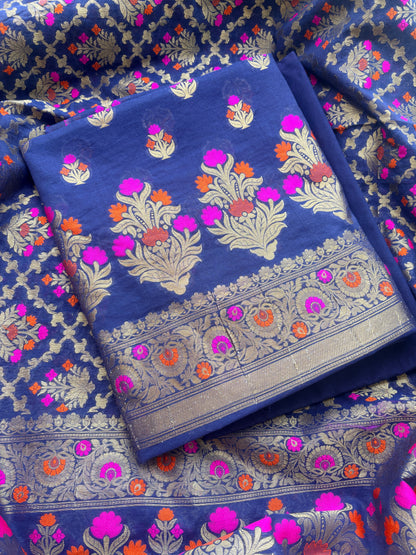 Blue Chanderi Resham zari heaving jaal dupatta suit set