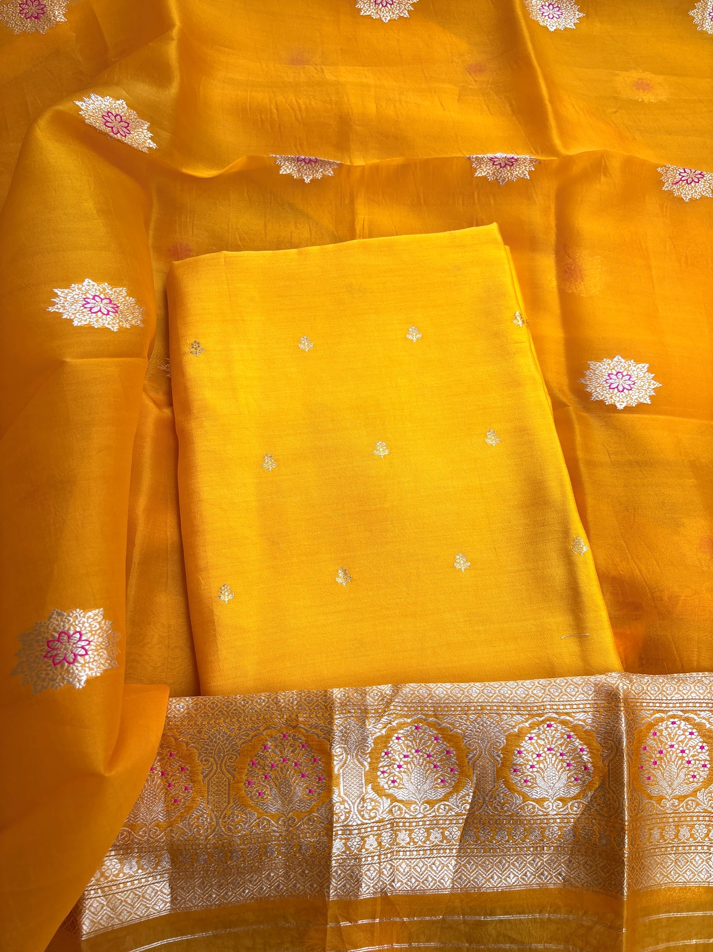 Yellow Chiniya silk kurta , bottom and kora silk dupatta