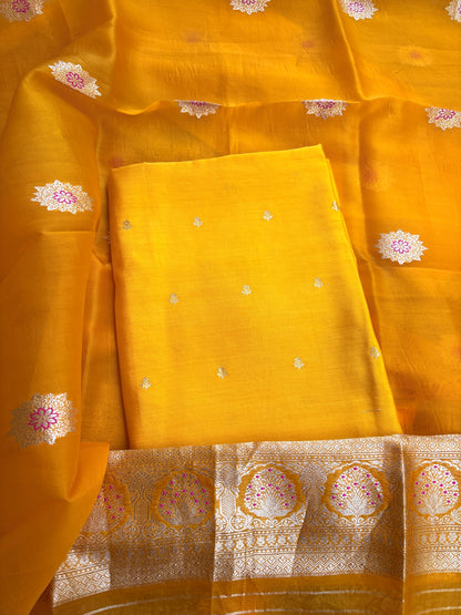 Yellow Chiniya silk kurta , bottom and kora silk dupatta